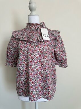 ZARA Pink Floral Smocked High-Neck Ruffle Blouse NWT size Large 100% cotton